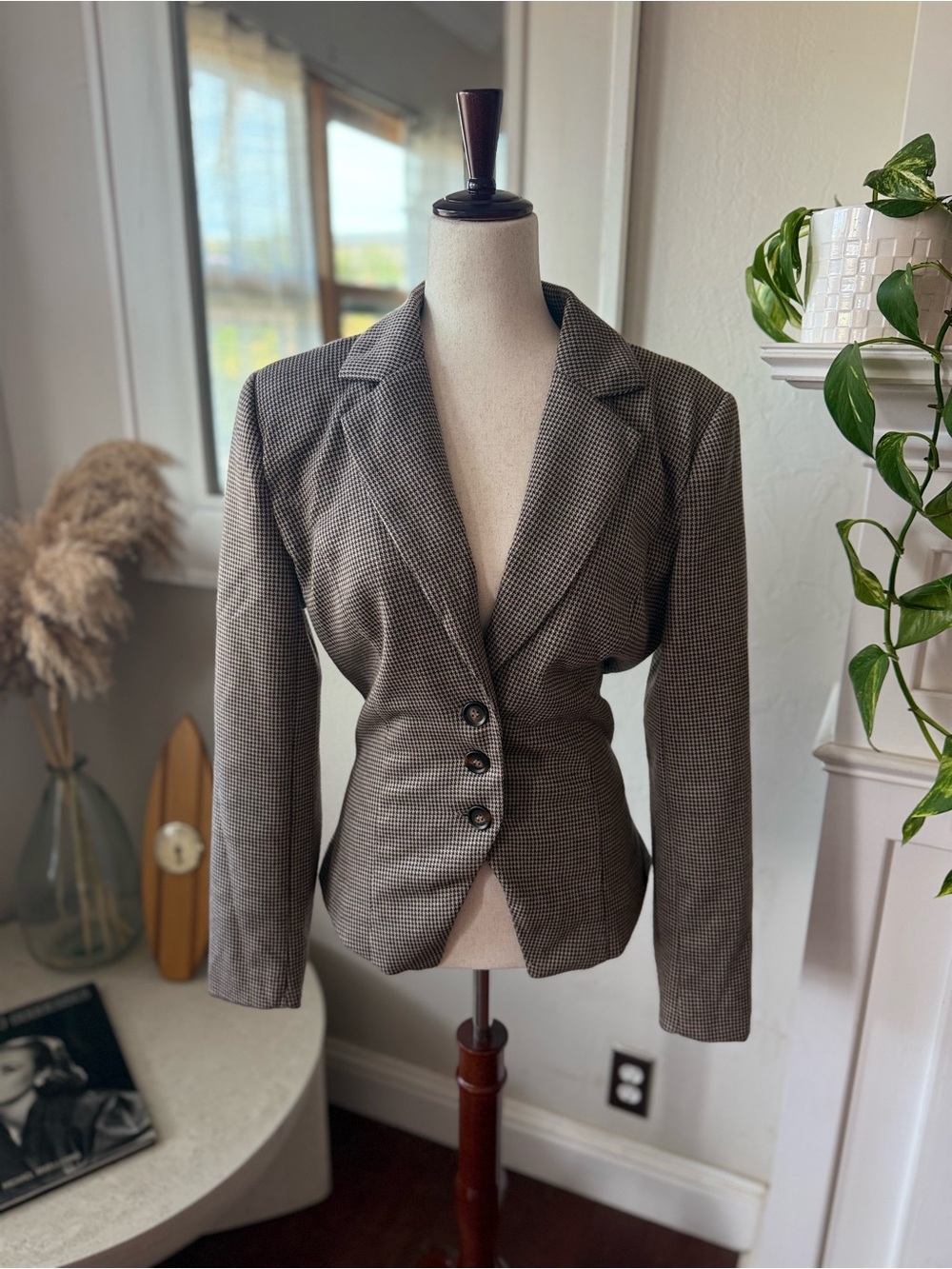 Cider Women's Houndstooth Fitted Blazer Jacket - Brown & Black